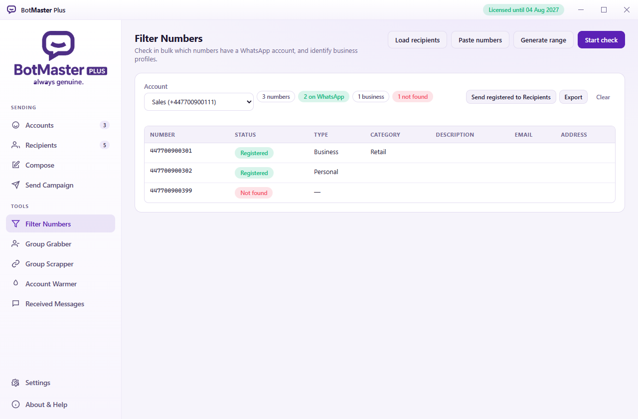The Filter Numbers screen