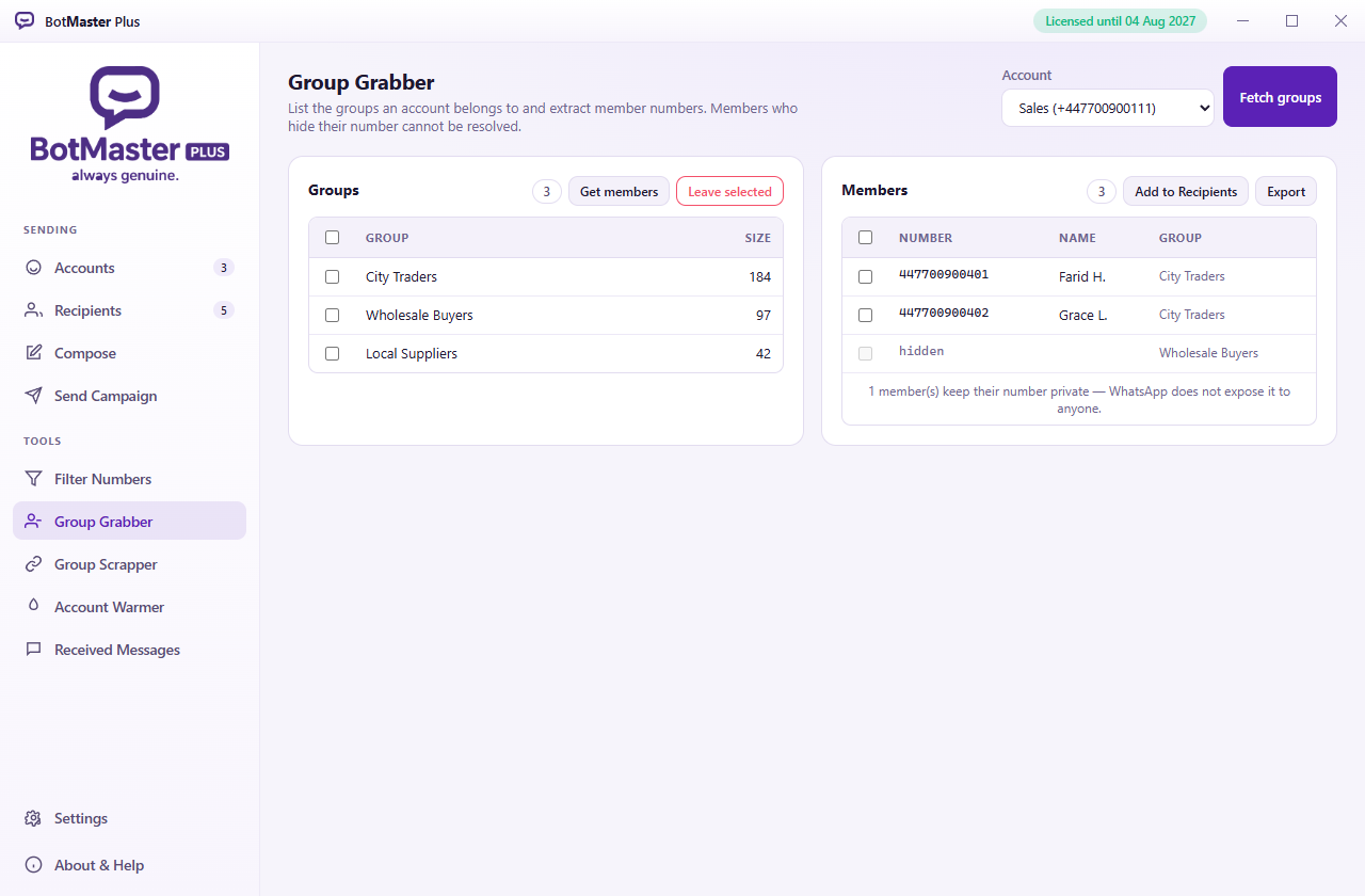 The Group Grabber screen